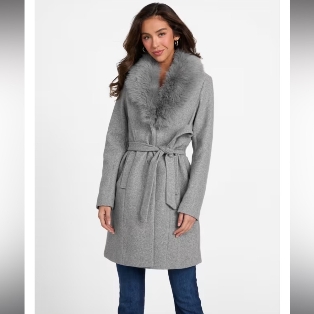 GUESS Fur-Trimmed Tie-Front Belted Jacket